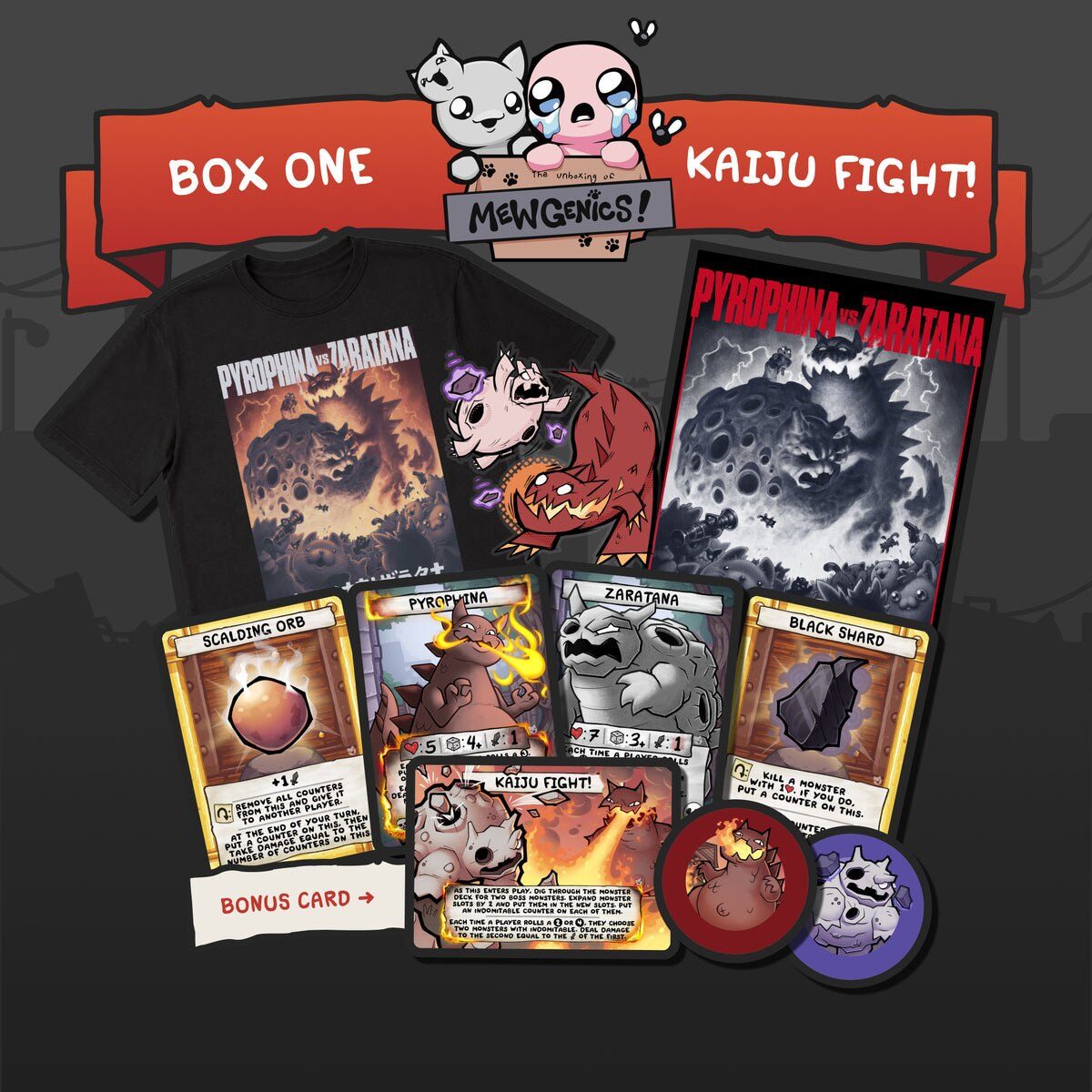 The Unboxing of Mewgenics Box 1, Kaiju Fight!: a black T-shirt, art print, Four Souls cards and two coasters