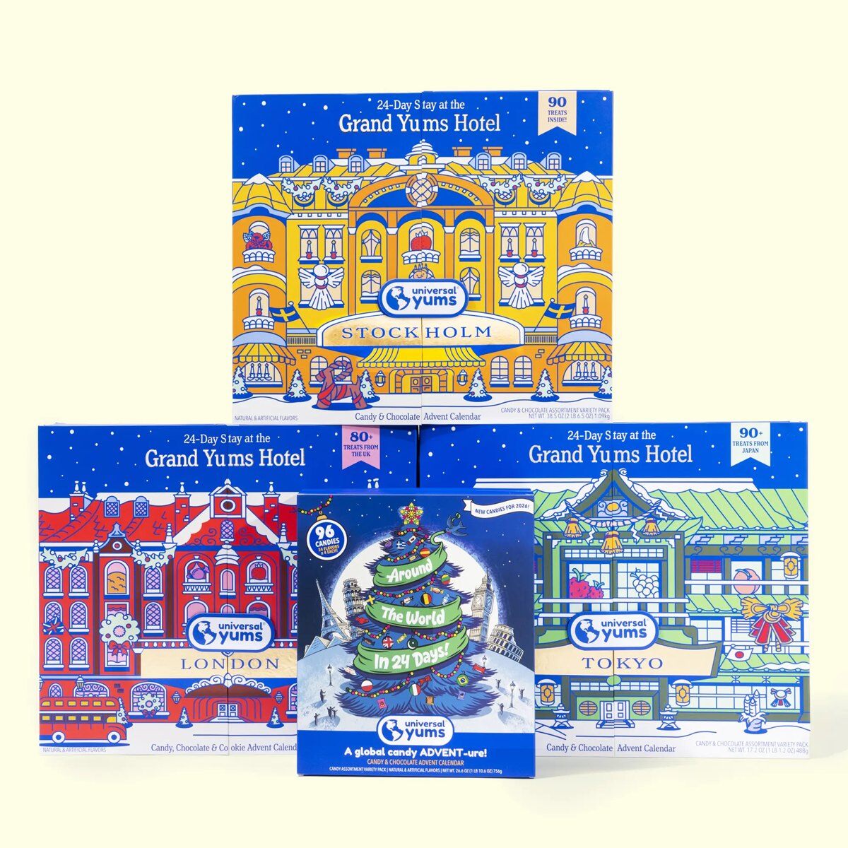 The four Universal Yums 2026 advent calendars: Grand Yums Hotel London, Tokyo, Stockholm and Around the World