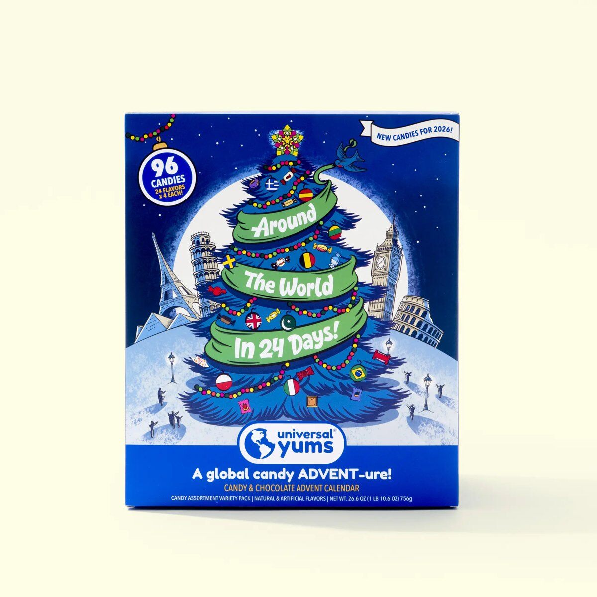 The Universal Yums Around the World in 24 Days candy advent calendar with a Christmas tree illustration