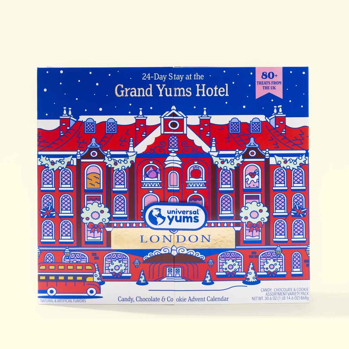 The Grand Yums Hotel London advent calendar box with a red London building illustration