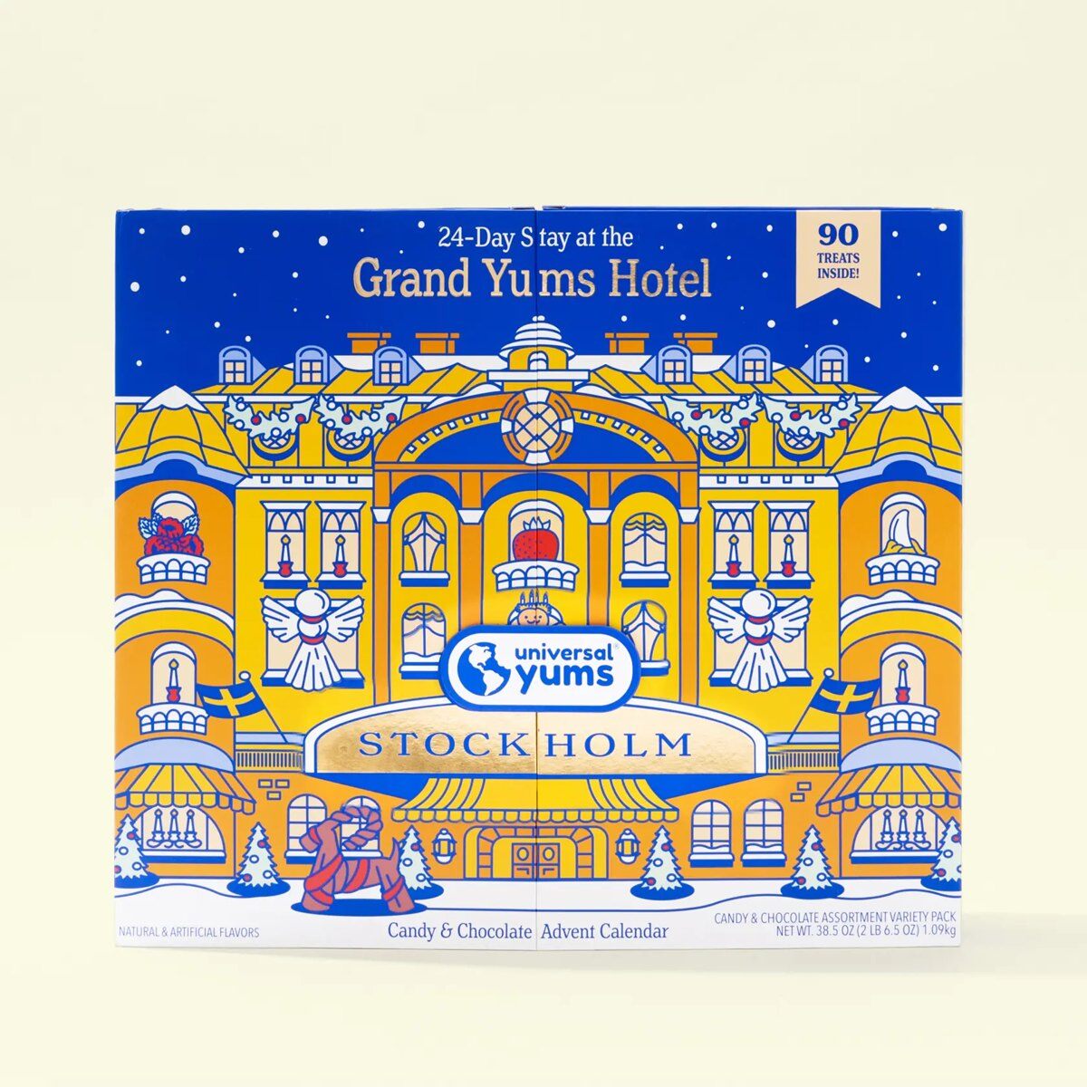 The Grand Yums Hotel Stockholm advent calendar box with a yellow Swedish palace illustration