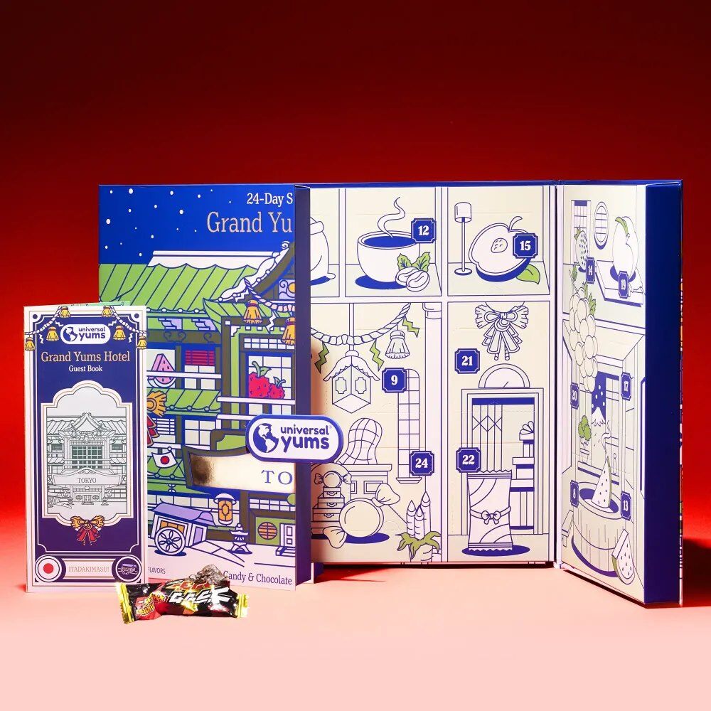 The Universal Yums Grand Yums Hotel Tokyo advent calendar 2026, closed and opened to show its numbered doors