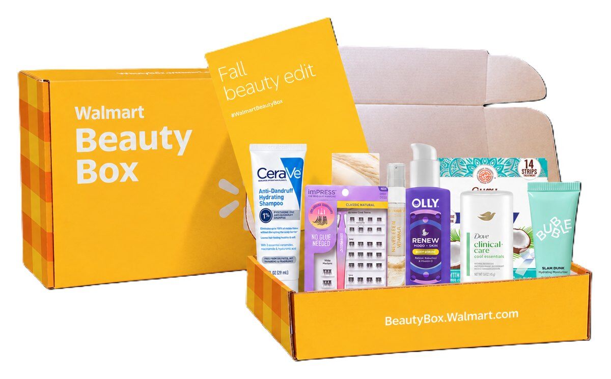 Open yellow Walmart Beauty Box Fall 2026 with CeraVe, OLLY and other products