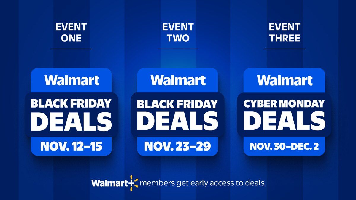Walmart 2026 holiday deal events dates card: November 12 to 15, November 23 to 29, November 30 to December 2