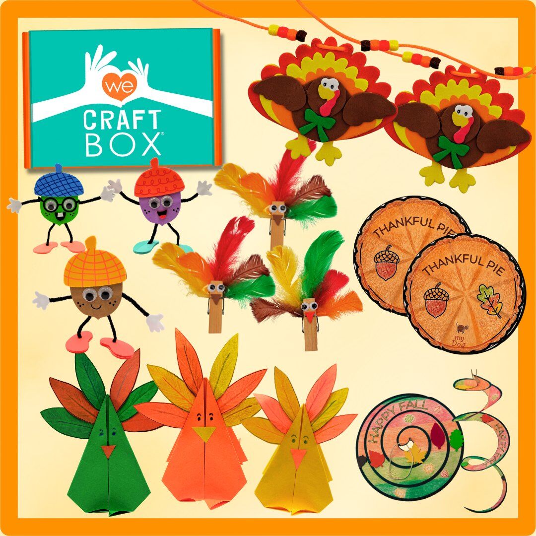 We Craft Box Turkey Trot Thanksgiving craft box with turkeys, acorn buddies and a Thankful Pie