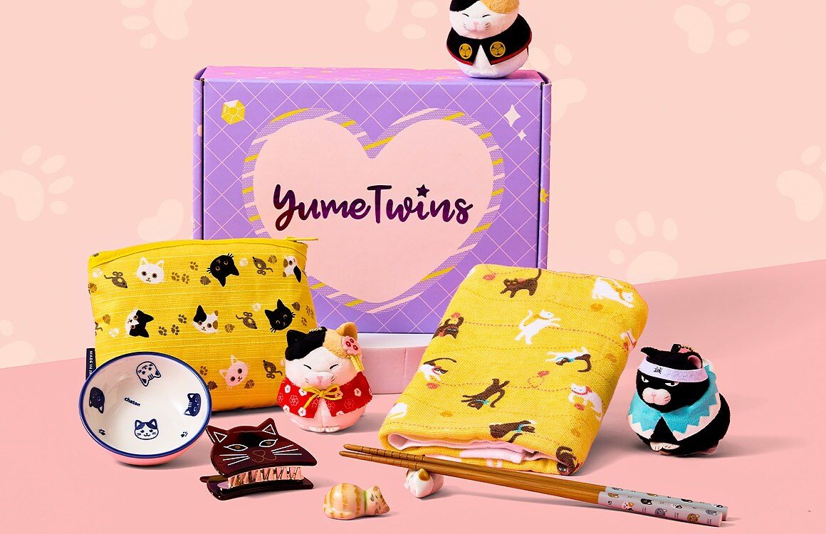 YumeTwins November 2026 Neko Happy Home box with cat pouch, towel, plate, chopsticks and plushies